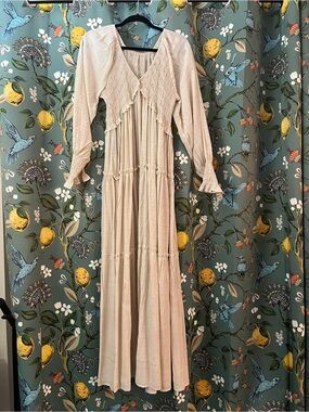 Smocked V-Neck Tiered Maxi Dress in Beige